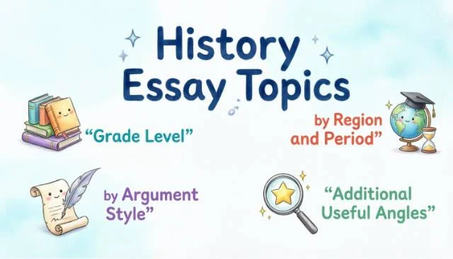 History essay topics by grade level, region and period, argument style, and additional angles